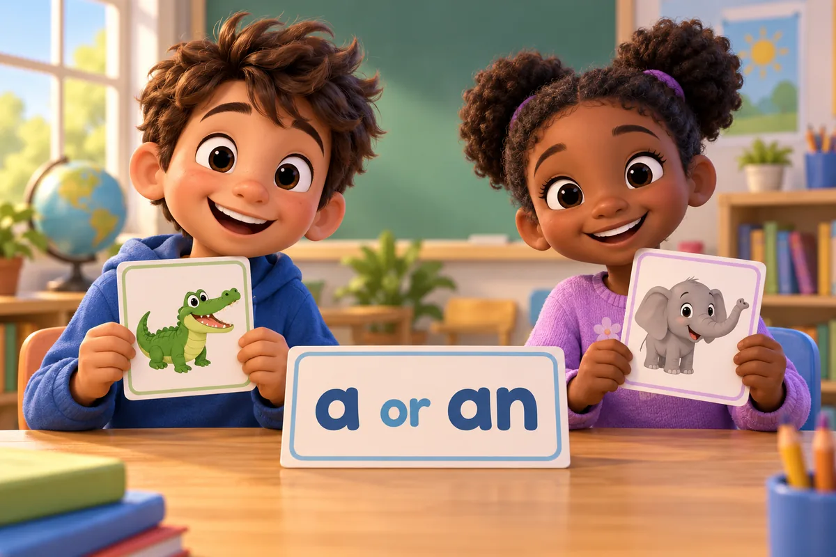 Cartoon children choose the article a or an before animal picture cards laid on a classroom table.