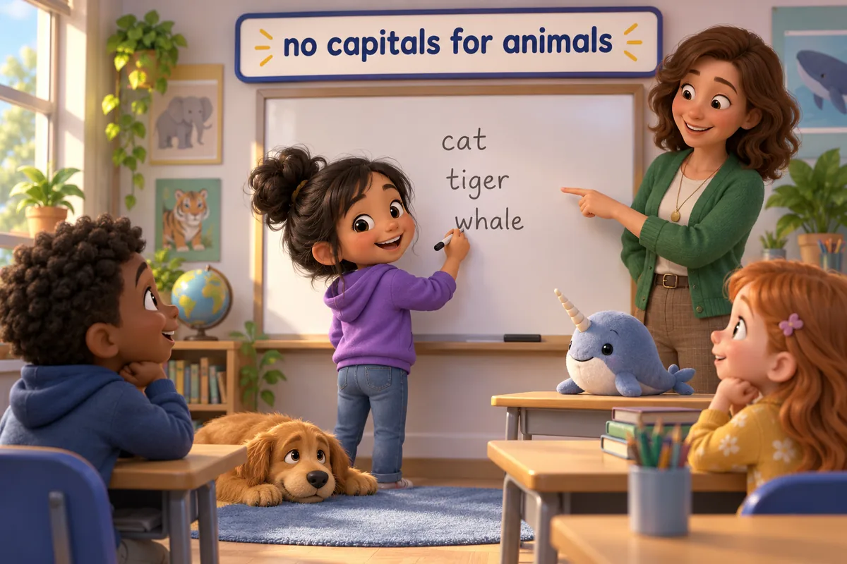 A cartoon child writes animal names in lowercase on a whiteboard while a teacher nods approval.