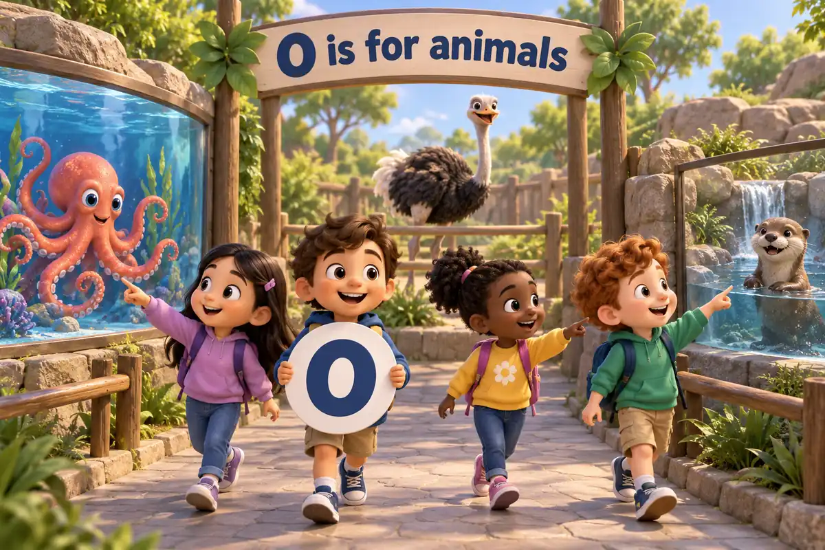 Cartoon children tour a zoo and name animals that start with o, from the octopus to the okapi.