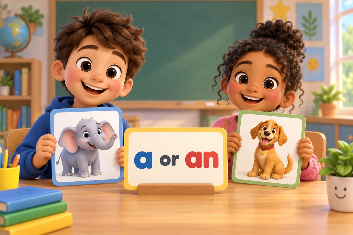 Cartoon children choose the article a or an before animal picture cards laid on a classroom table.