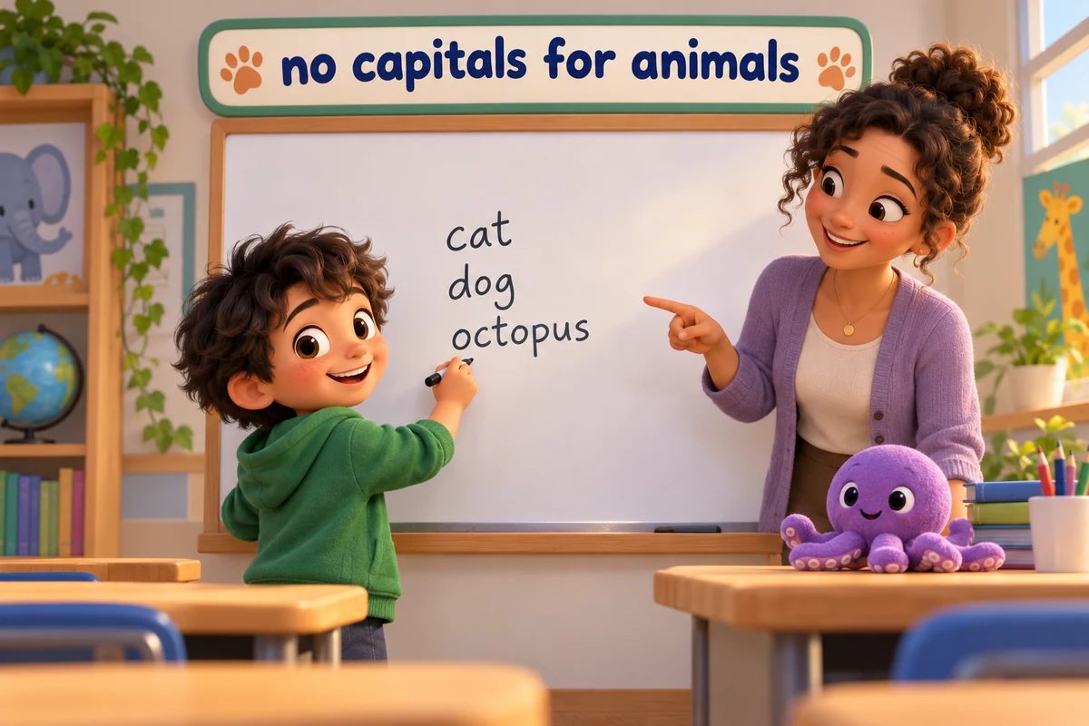 A cartoon child writes animal names in lowercase on a whiteboard while a teacher nods approval.