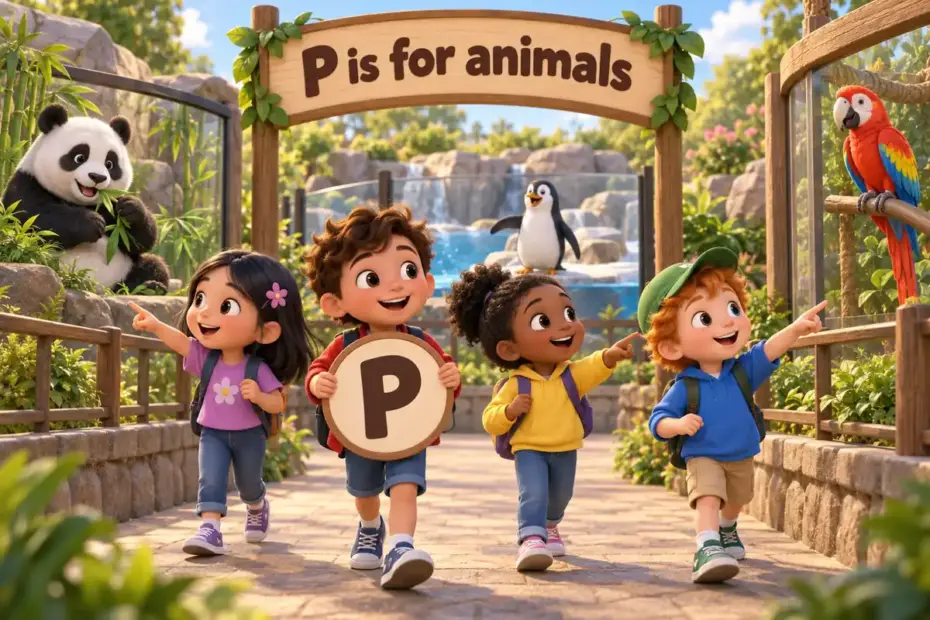 Cartoon children tour a zoo and name animals that start with p, from the panda to the python.
