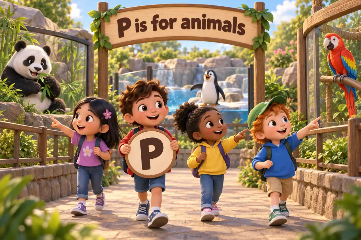 Cartoon children tour a zoo and name animals that start with p, from the panda to the python.