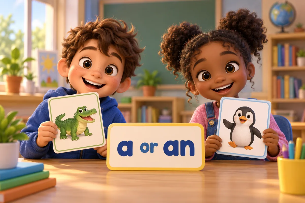 Cartoon children choose the article a or an before animal picture cards laid on a classroom table.