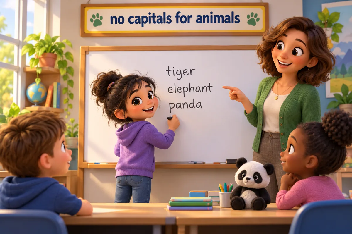 A cartoon child writes animal names in lowercase on a whiteboard while a teacher nods approval.