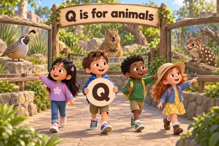 Cartoon children tour a zoo and name animals that start with q, from the quail to the quahog.