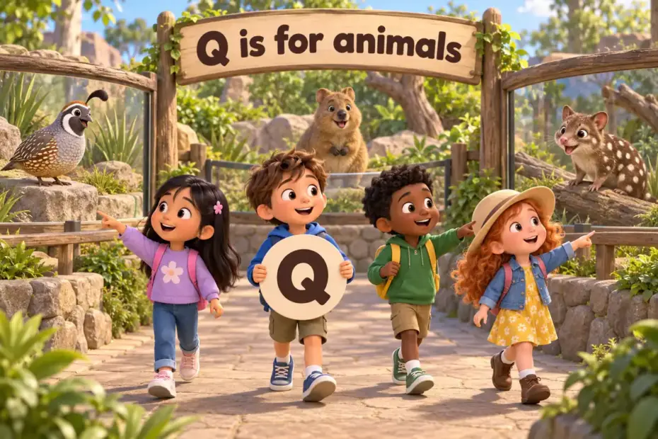 Cartoon children tour a zoo and name animals that start with q, from the quail to the quahog.