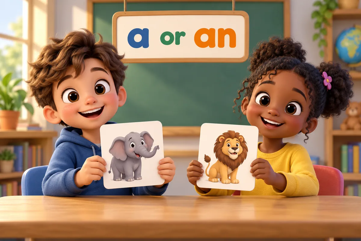 Cartoon children choose the article a or an before animal picture cards laid on a classroom table.