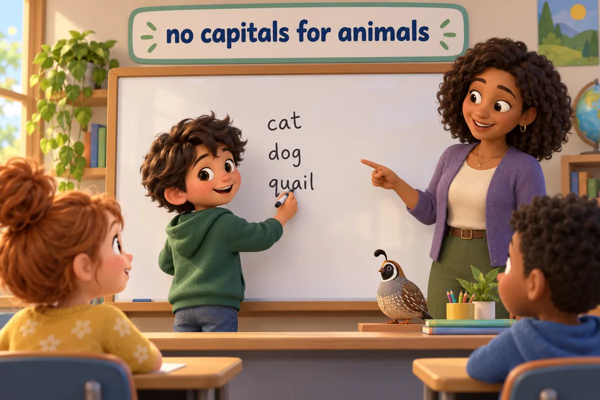 A cartoon child writes animal names in lowercase on a whiteboard while a teacher nods approval.