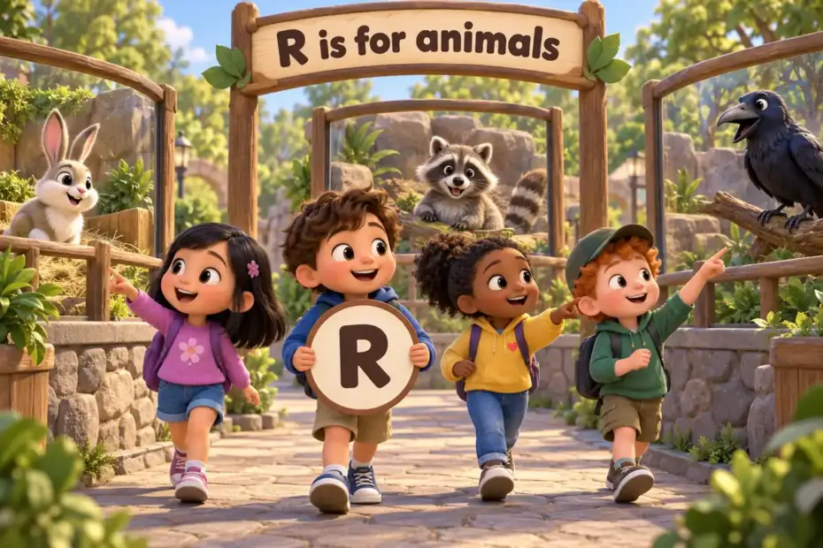 Cartoon children tour a zoo and name animals that start with r, from the rabbit to the robin.