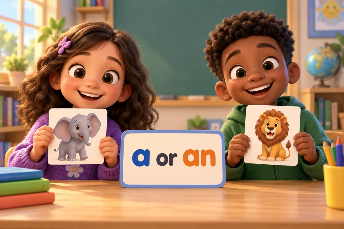 Cartoon children choose the article a or an before animal picture cards laid on a classroom table.