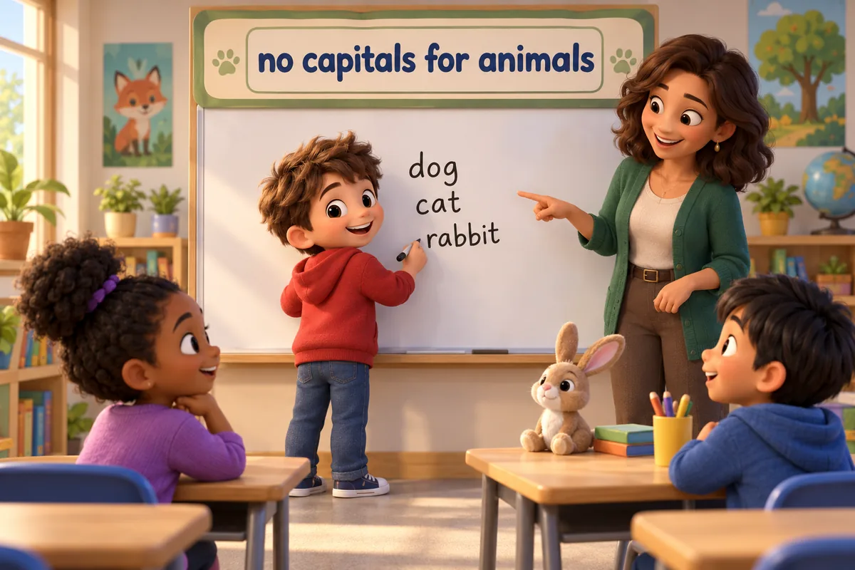 A cartoon child writes animal names in lowercase on a whiteboard while a teacher nods approval.
