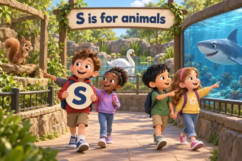 Cartoon children name animals that start with s, from the squirrel and swan to the shark and seal.