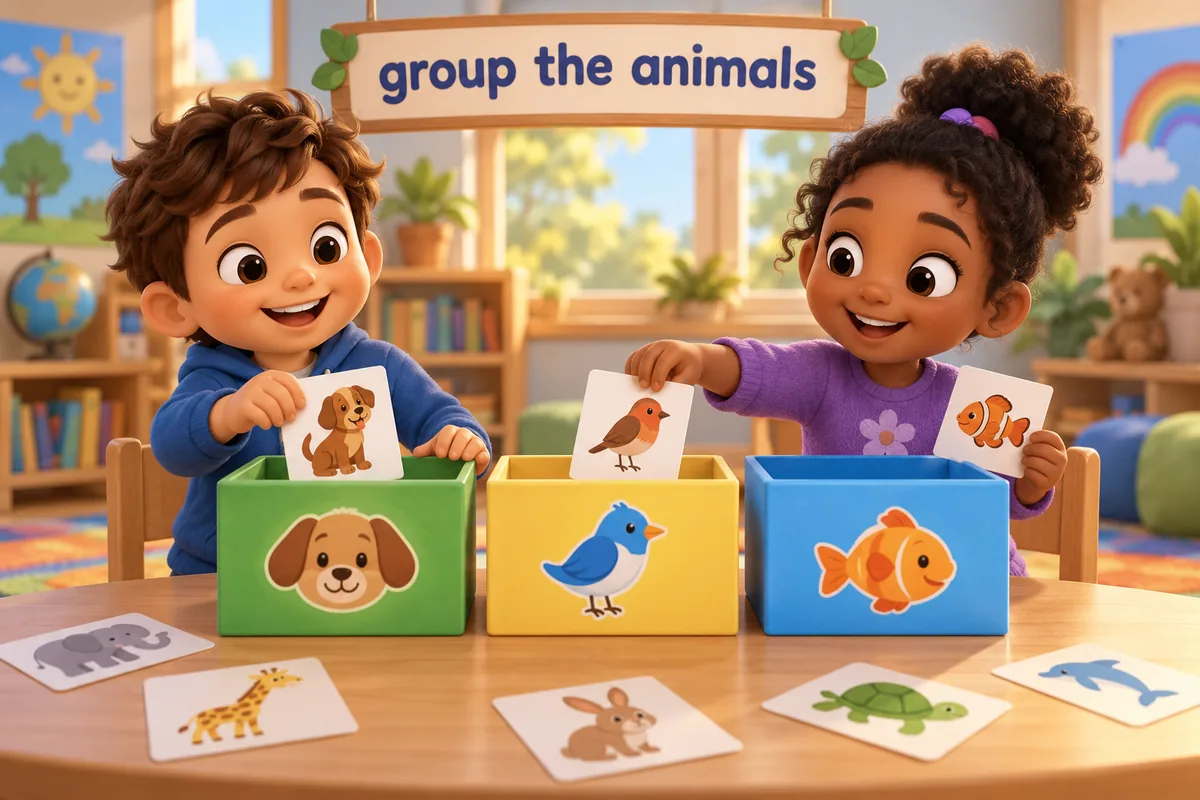 Cartoon children sort animal picture cards into labelled boxes for mammals, birds, fish and reptiles.