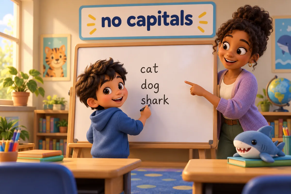 A cartoon child writes animal names in lowercase on a whiteboard while a friendly teacher nods approval.