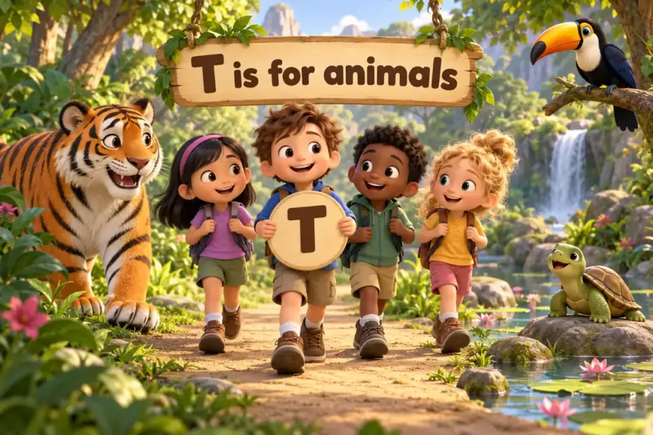 Cartoon children name animals that start with t, from the tiger and toucan to the turtle and toad.