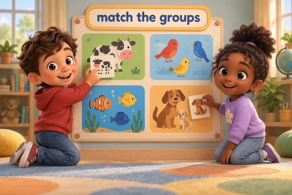 Cartoon children match animal picture cards to a large poster that shows mammals, birds, reptiles and fish.