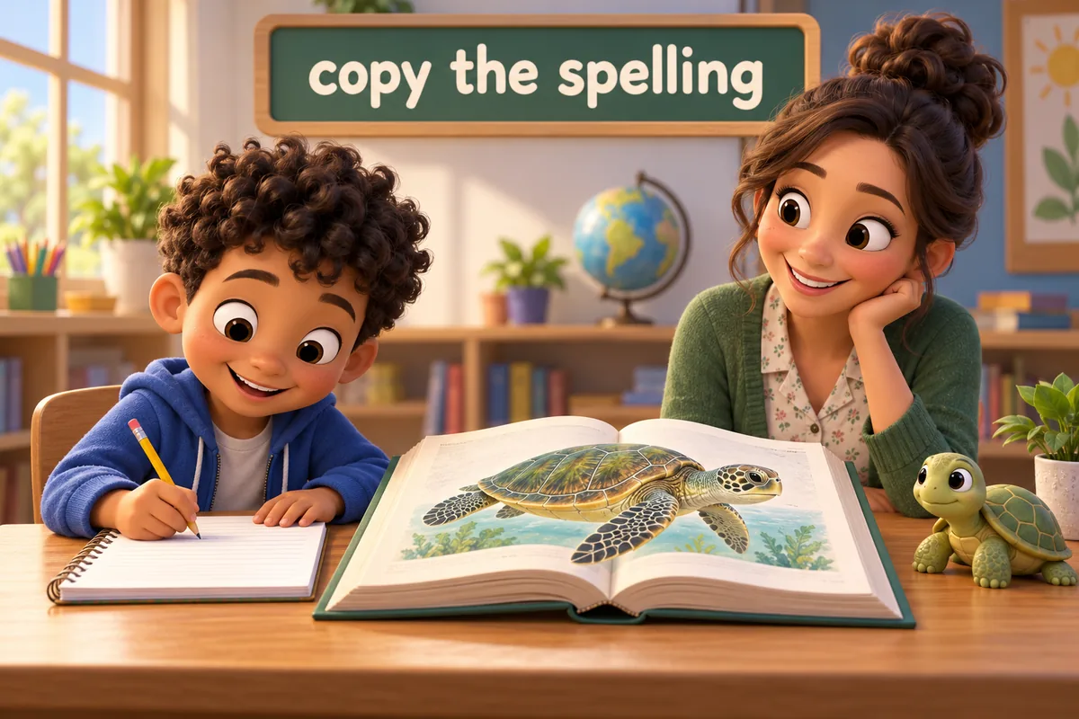 A cartoon child copies a long animal name letter by letter from an open dictionary onto a notepad.