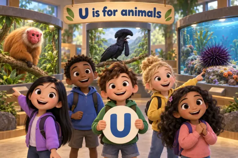 Cartoon children name animals that start with u, from the uakari and umbrellabird to the uromastyx and sea urchin.