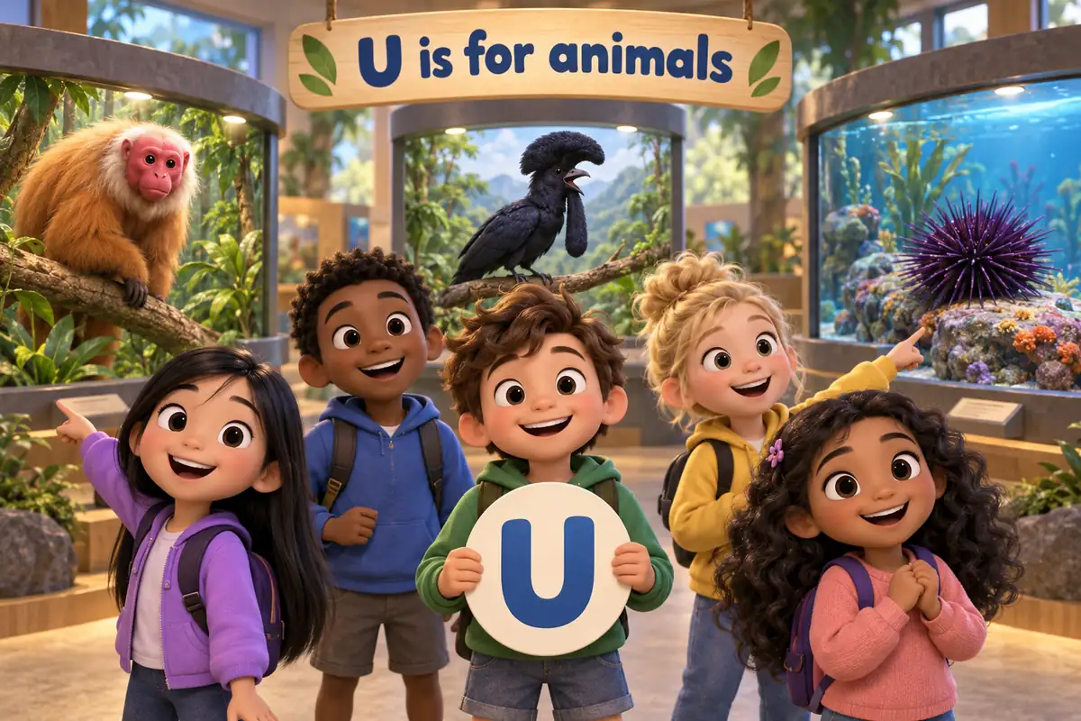 Cartoon children name animals that start with u, from the uakari and umbrellabird to the uromastyx and sea urchin.