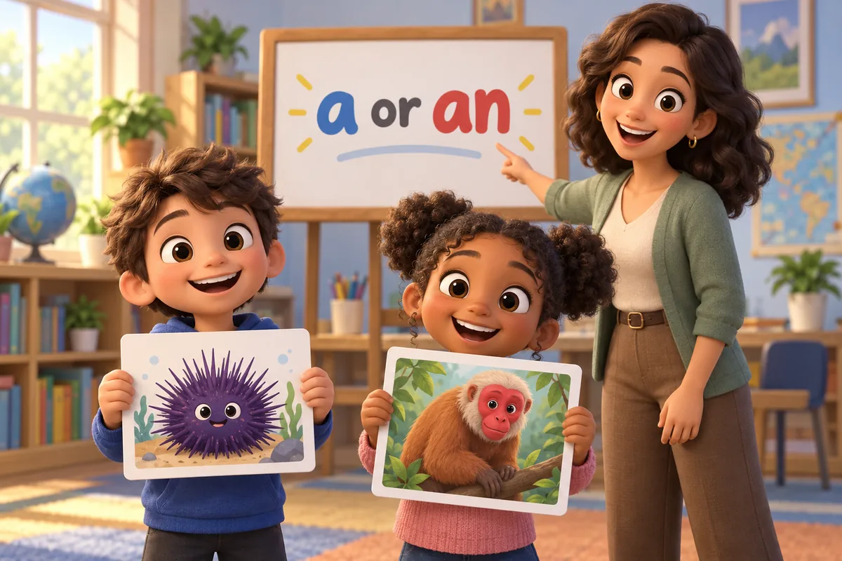 Cartoon children hold up two cards, one showing a sea urchin and one showing a uakari, to compare the article before each name.