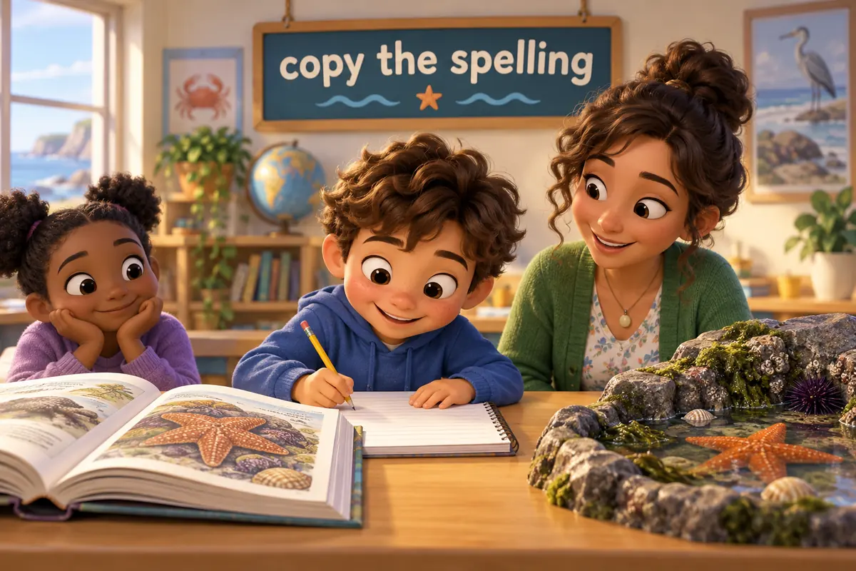 A cartoon child copies a long animal name letter by letter from an open dictionary onto a notepad.