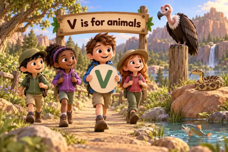Cartoon children name animals that start with v, from the vulture and viper to the vicuna and vampire bat.
