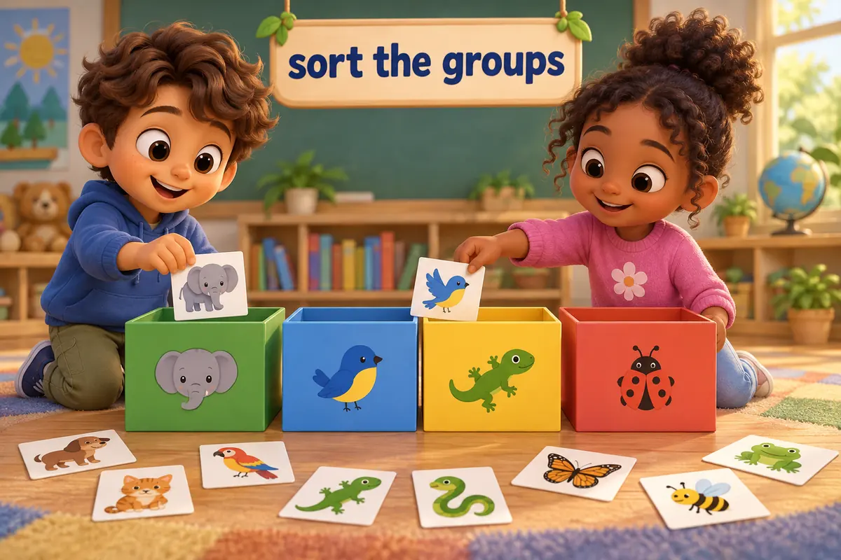 Cartoon children sort animal picture cards into four boxes that show mammals, birds, reptiles and insects.