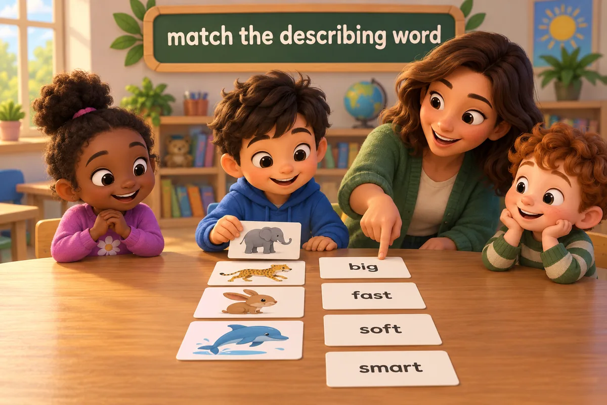 A cartoon child pairs animal pictures with describing-word cards such as venomous and feathered.