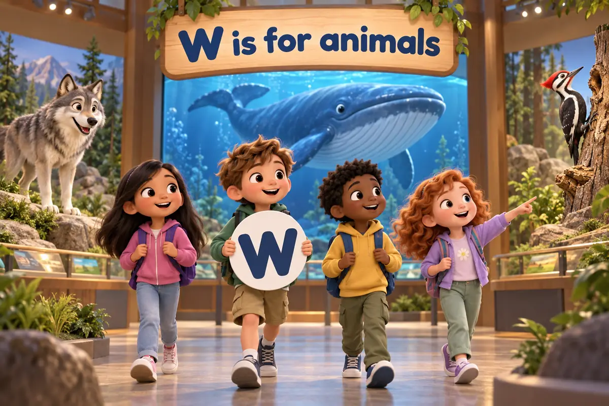 Cartoon children name animals that start with w, from the wolf and whale to the wombat and woodpecker.