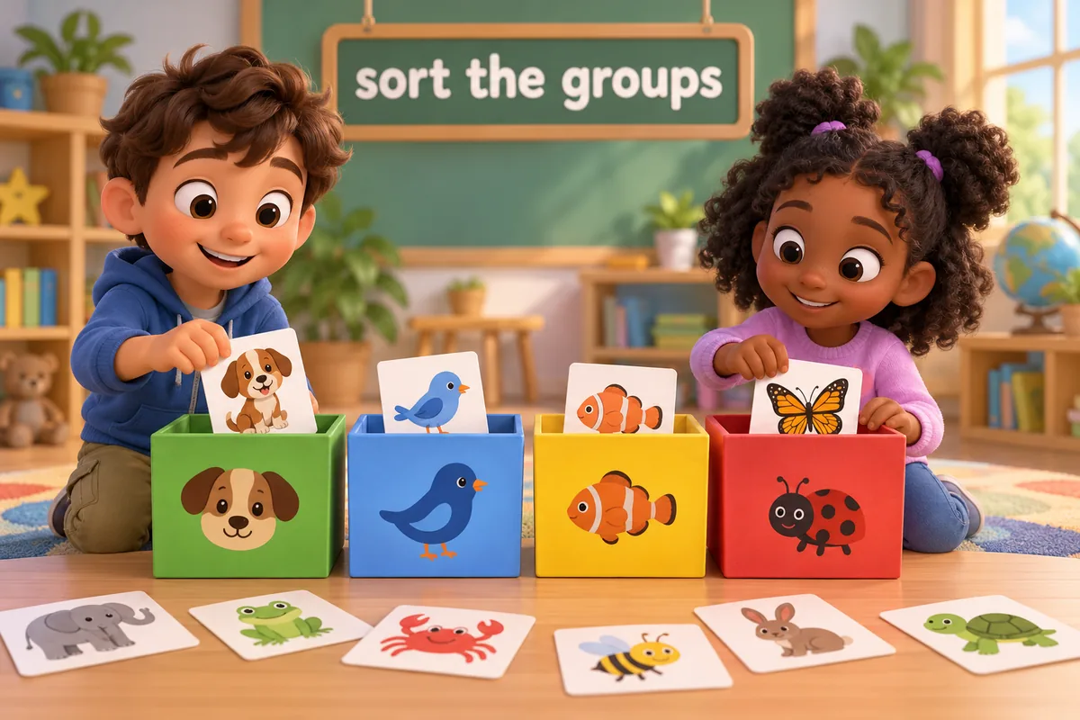 Cartoon children sort animal picture cards into four boxes that show mammals, birds, fish and insects.