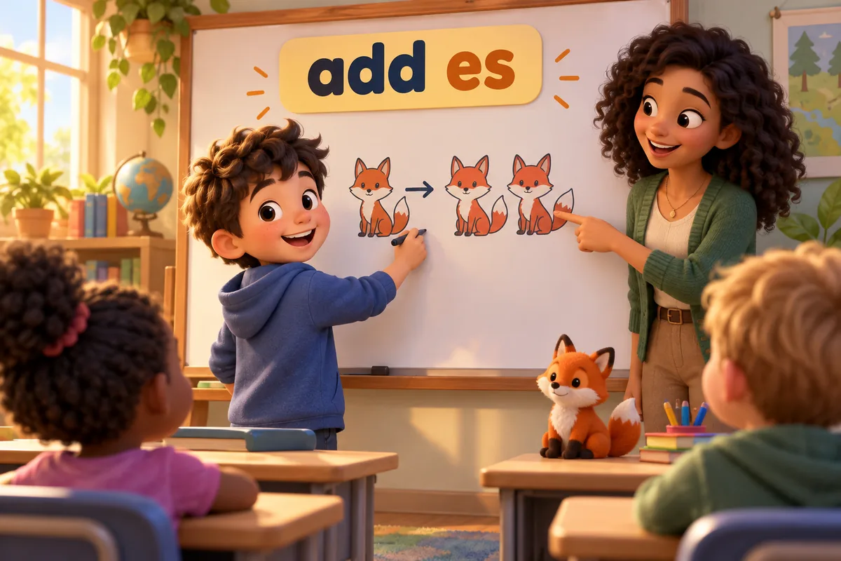 A cartoon child writes the plural of a hiss-sound animal name on a whiteboard with an es ending.