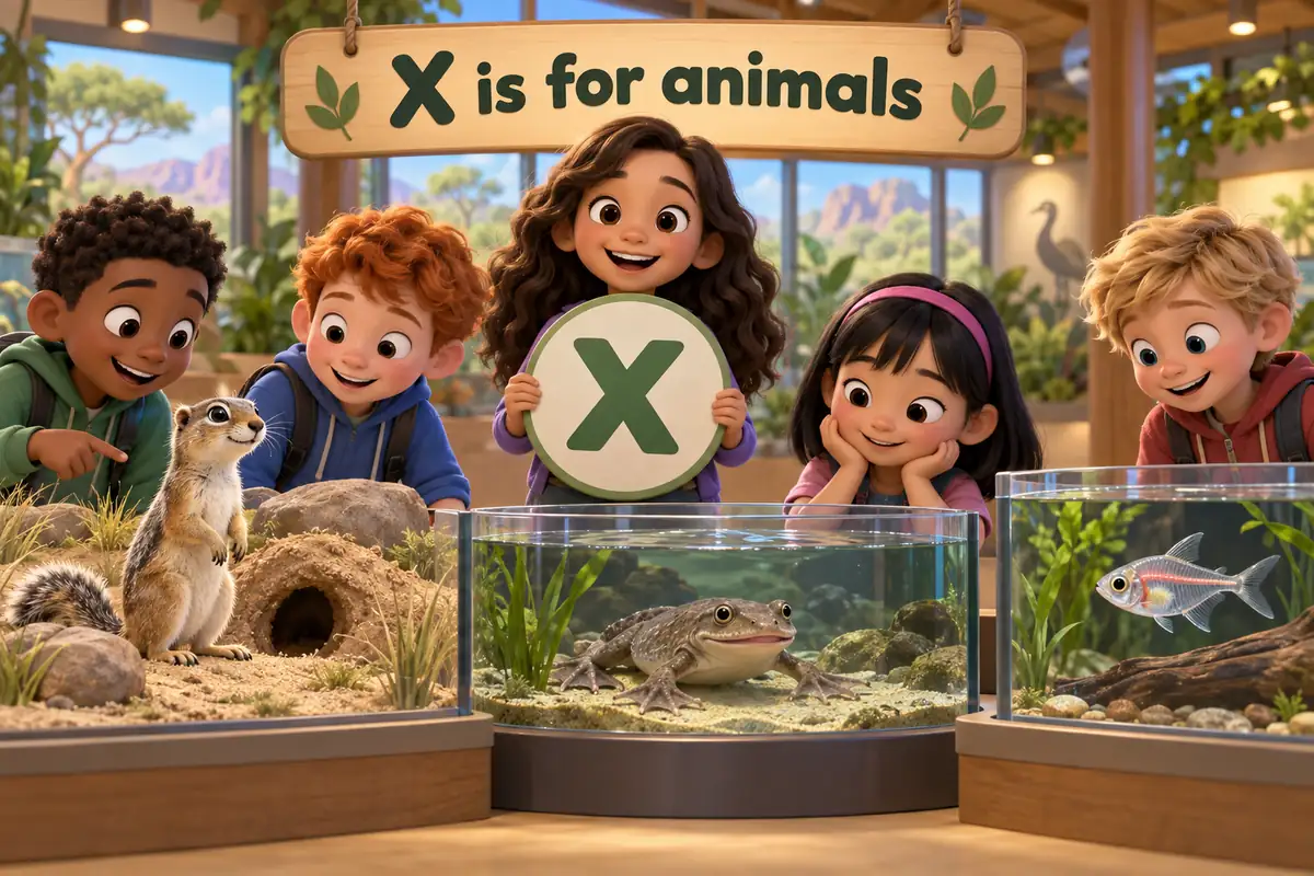 Cartoon children name animals that start with x, from the xerus and xenopus to the X-ray tetra.