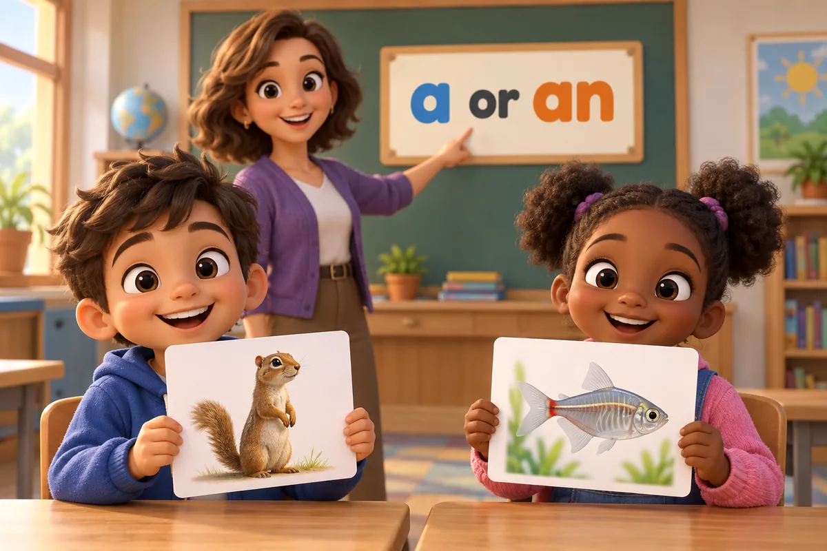 Cartoon children hold up two cards, one showing a xerus and one showing an X-ray tetra, to compare the article before each name.