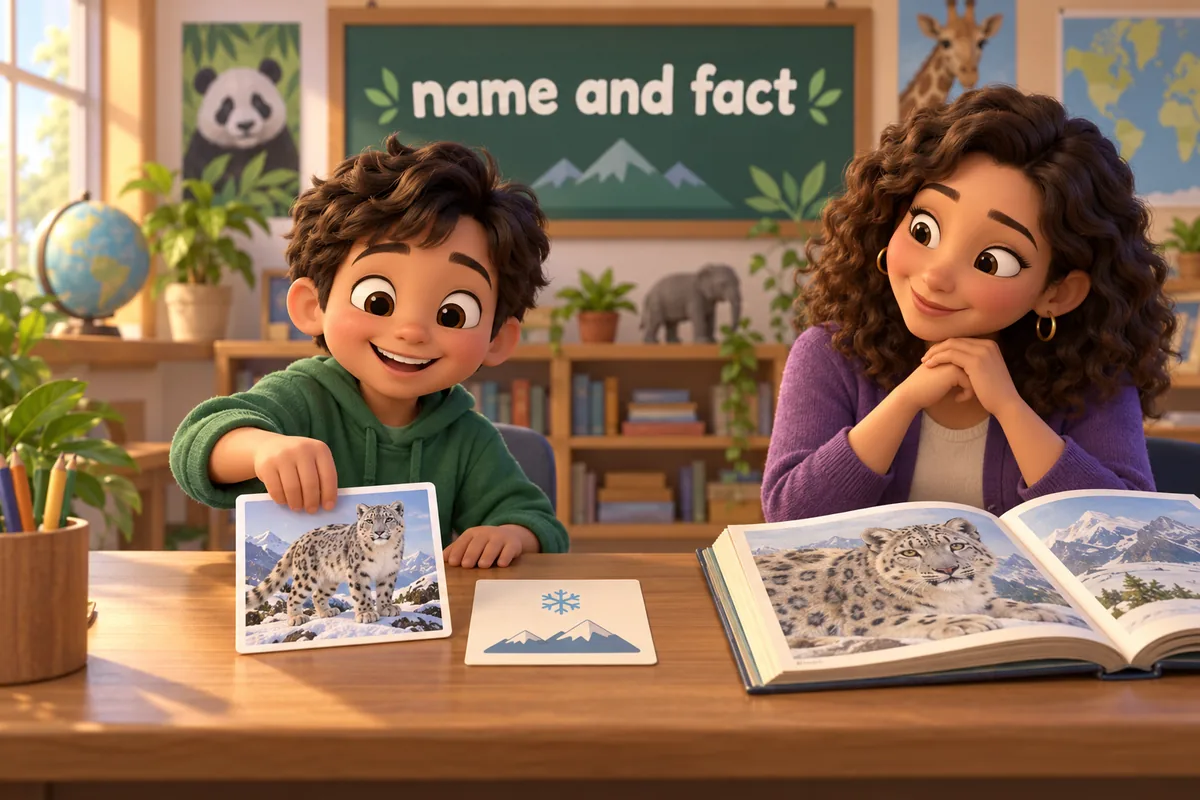 A cartoon child matches a rare animal picture card with a single fact card on a desk.