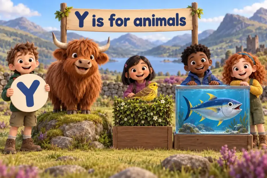 Cartoon children name animals that start with y, from the yak and yabby to the yellowhammer and yellowfin tuna.