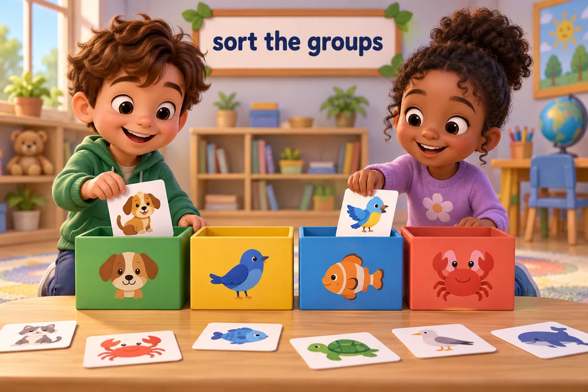 Cartoon children sort animal picture cards into four boxes that show mammals, birds, fish and crustaceans.