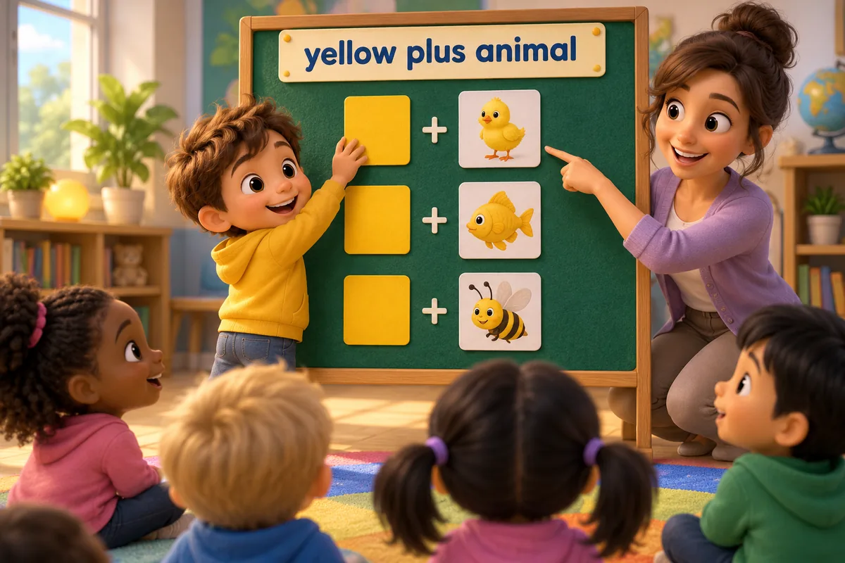 A cartoon child builds animal names by joining a yellow colour card to a bird, a fish and a crab card.