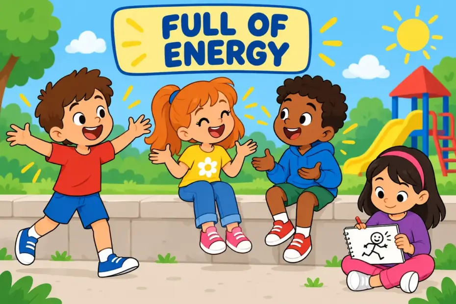 Cartoon children gesture and laugh during a lively talk, showing animated in a sentence as being full of energy.