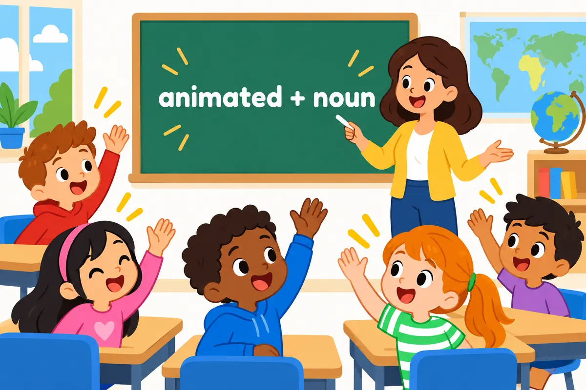 A cartoon class talks eagerly with raised hands and bright faces, showing animated in a sentence as a lively quality before a noun.