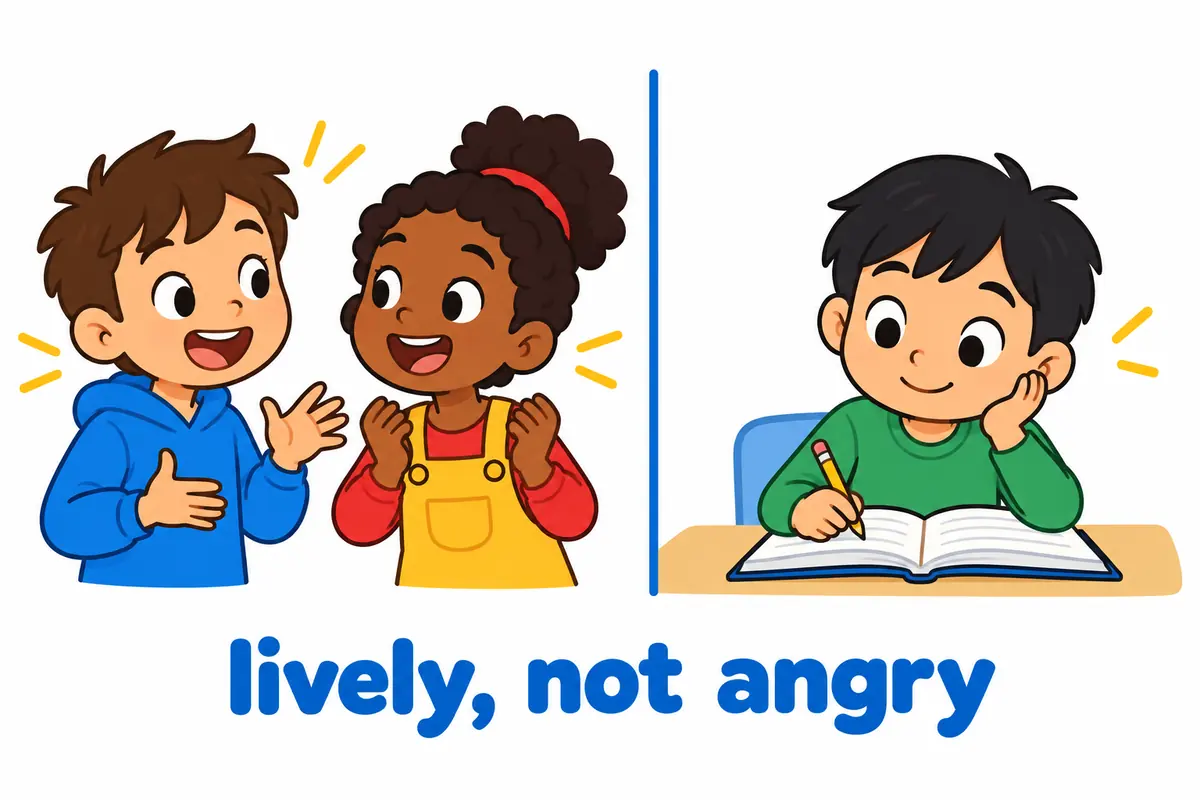 A cartoon split scene contrasts two children chatting with bright gestures on one side with a calm, still child reading on the other.