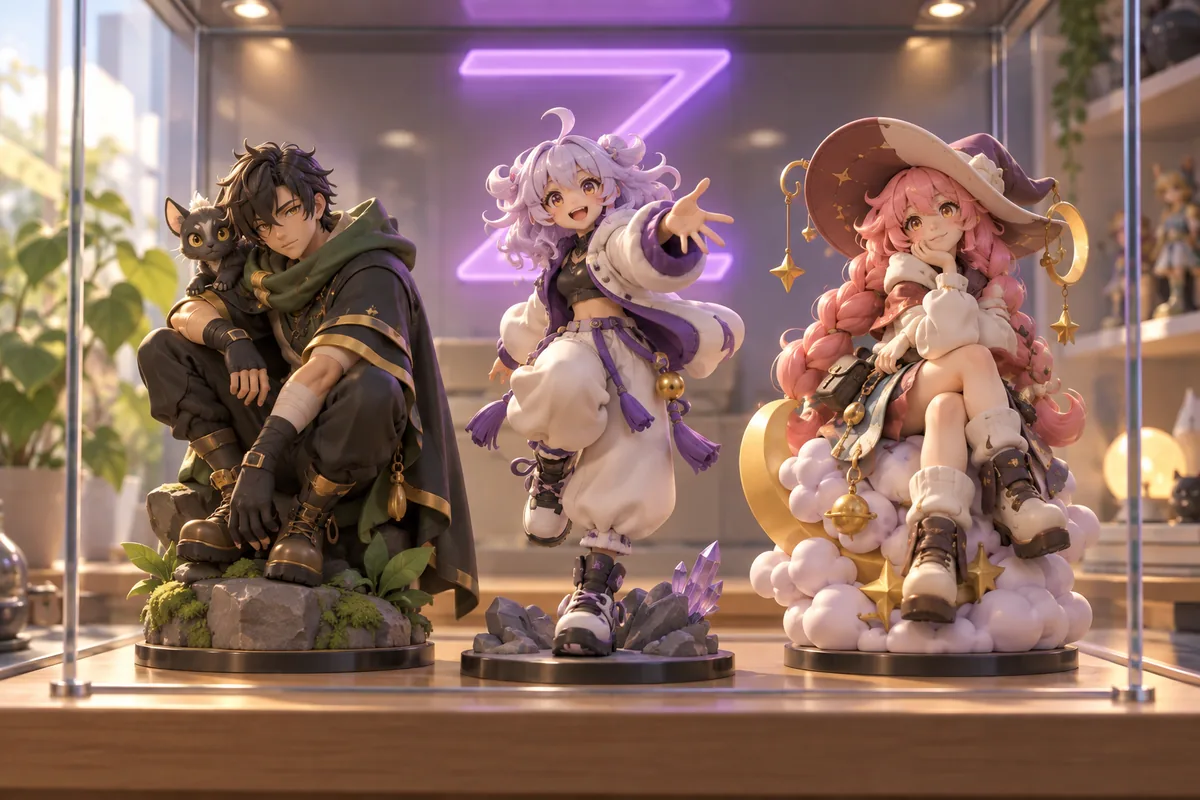 Three original anime-style figurines stand beneath a glowing purple zigzag display.