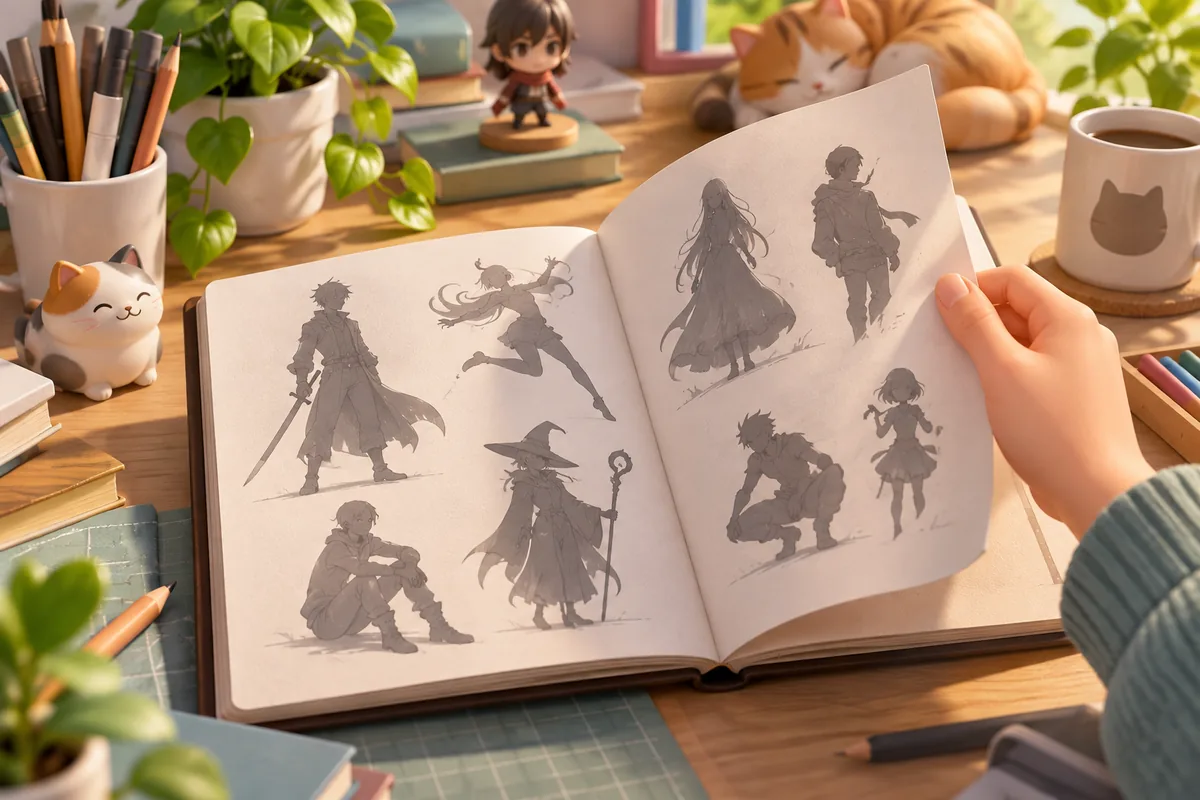 An artist flips through a sketchbook of original character silhouettes.