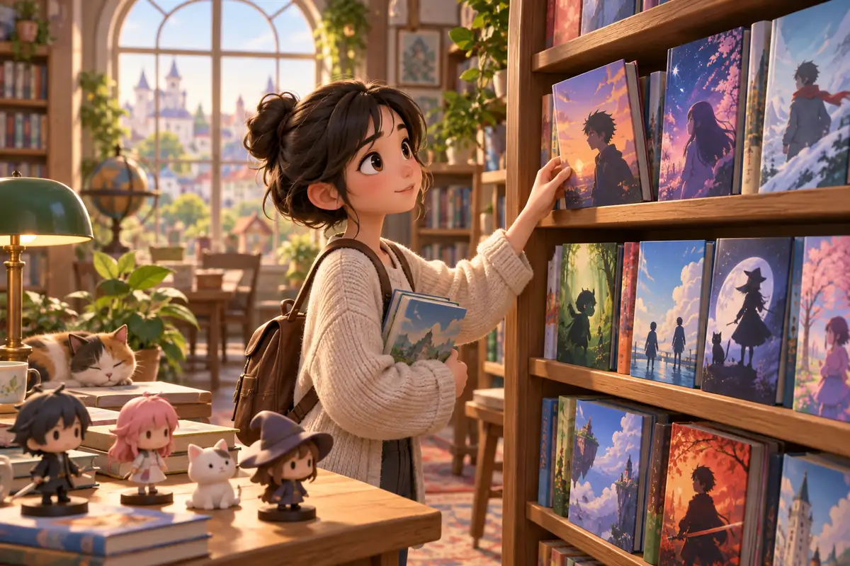 A reader browses colorful unmarked anime art books in a quiet library.