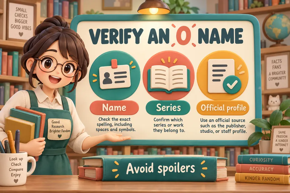 Verify an O name using its name, series, and official profile; avoid spoilers.