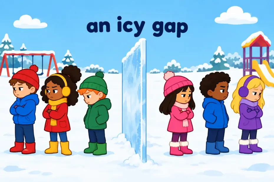Two groups of children face away across a frosted pane, showing animosity in a sentence as lasting hostility.