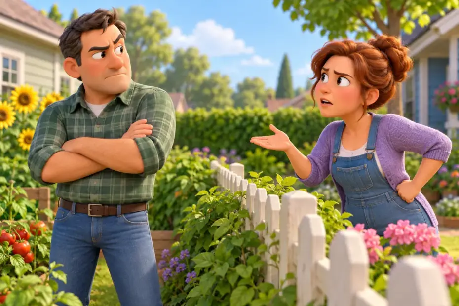 Neighbours show tension during a disagreement at a fence.