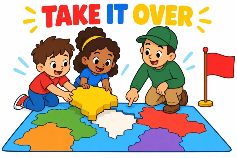 Cartoon children slide a model town block onto a larger map while a leader points, showing annex in a sentence as adding territory.