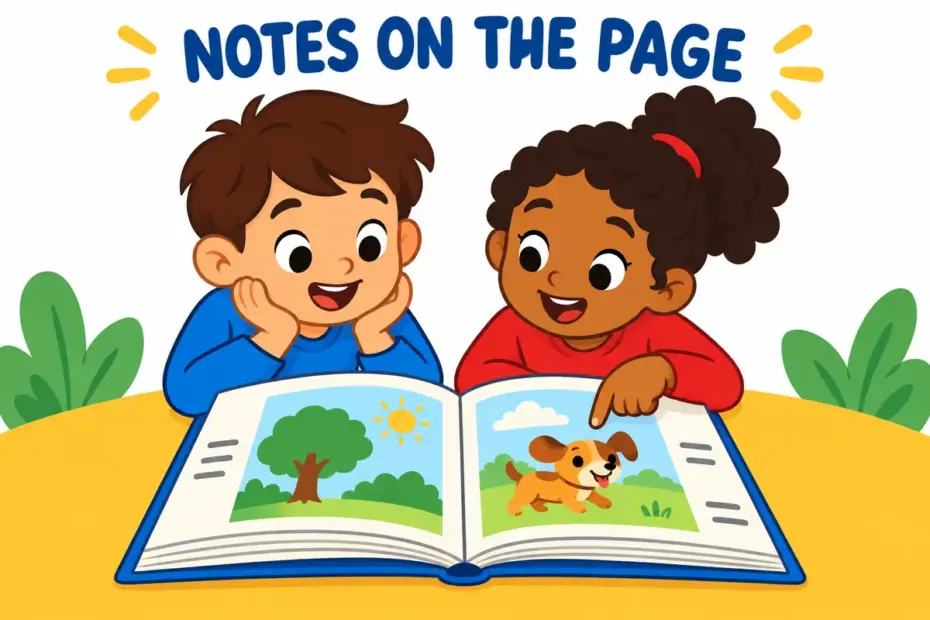 A child adds notes to a text, illustrating annotate in a sentence as adding explanations.