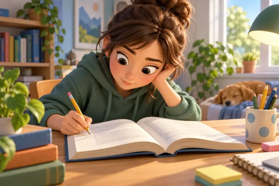 A student adds a short explanatory note beside a passage in an open book.
